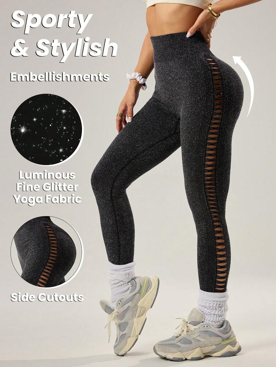 Easithlete 女士亮黑色镂空紧身裤