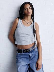 COUREZ Fitted Scoop Neck Tank Top Y2K Vintage Cotton - Grey - View 4