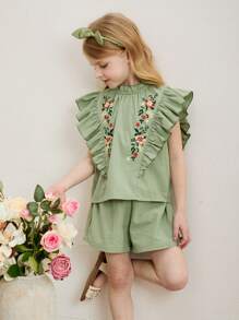 SHEIN 2pcs/Set Young Girl Woven Solid Color Round Neck Fitted Top And Shorts Set