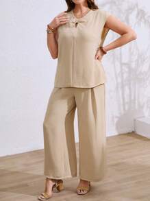 SHEIN LUNE Conjunto de 2 piezas de pantalones de pierna ancha con efecto texturizado y nudo delantero para mujer de talla grande, ropa casual para primavera/verano