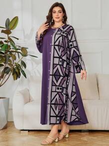SHEIN Lacomfia Vestito con stampa geometrica a blocchi di colore e maniche lunghe, taglie comode