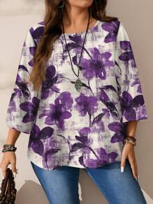 Mellowie Plus Size Casual Minimalist Allover Print Round Neck 3/4 Sleeve Shirt, Suitable For Spring And Autumn Women Tops Blouses Tee Shirts Women Blouses Spring Blouses For Women Autumn And Winter Chic Blouses For Women - Multicolor - View 4