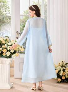 SHEIN 2 件优雅套装：淡蓝色缎面吊带裙和长网眼外层；度假休闲 2 件套装，适合婚礼季节、少女 - 淺藍色 - 查看 2