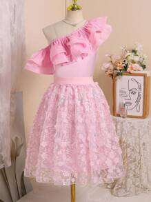 SHEIN Explorewe Tween Girl Solid Color Asymmetric Ruffle Collar Top And Mini Skirt 2 Pieces Set, Fashionable - Multicolor - View 7