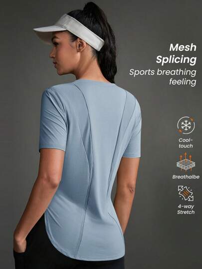 Powerista Women's Solid Color Crew Neck Short Sleeve Side Slit Hem Sports T-Shirt Gym Shirts