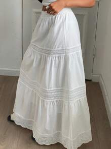 Livesso 大码纯色宽松休闲度假夏季半身裙，波西米亚风拼接蕾丝边女士长裙度假装扮 - 白色 - 查看 6