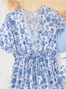 SHEIN 3 件套花卉印花比基尼套装，配和服开衫，撞色交叉设计，时尚休闲泳装 - 彩色 - 查看 6