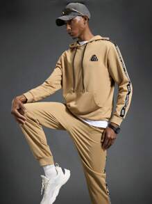 Manfinity Sport Corelite Men's Color-Block Letter Print Drawstring Hooded Sweatshirt & Sweatpants Sports Suit