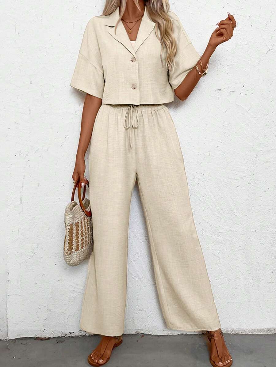 SHEIN LUNE 2pcs/Set Women Linen Short Sleeve Solid Color Top And Long Pants Suit - Apricot - View 1