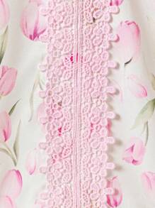 SHEIN 女婴幼儿 0-3 岁优雅休闲紫色鸢尾花边长袖长袍，适合所有季节 - 紫色 - 查看 6