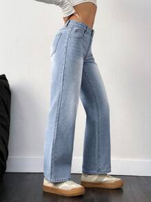 SHEIN EZwear 休闲洗水宽松直筒牛仔裤 - 藍色 - 查看 5