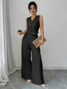 Elenzga 女式粗花呢背心套装 - 女式优雅拉链常规版型两件套服装