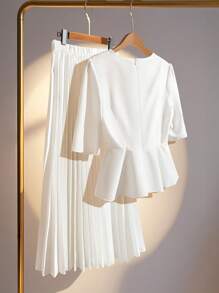 SHEIN Clasi Women 3/4 Sleeve Solid Color 3D Floral Decor Blouse & Pleated A-Line Midi Skirt Elegant Casual Vacation 2 Pieces Set