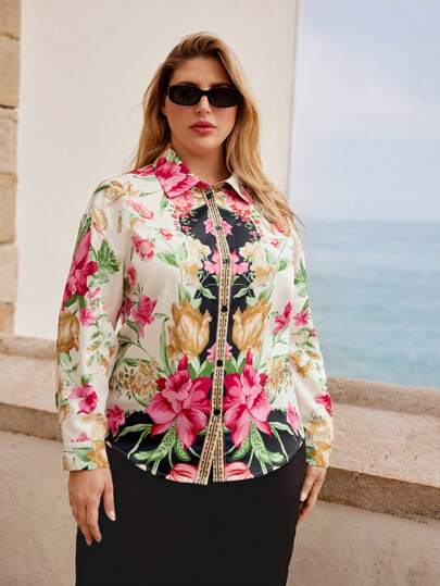 Maija 大码假日大印花开领女上衣春夏休闲舒适百搭女士春夏节日海边衬衫女装春夏节日海边沙滩装女士服装、外出服、女士度假服、女士演唱会服装、女士度假服装、波西米亚风女装