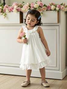Baby Mädchen 0-3 Jahre Kleinkind elegantes Urlaubskleid, minimalistisch plissiert mit Rüschen-Träger, weiß, für Hochzeiten, Taufen, Alltagsausflüge, Frühling/Sommer - Weiss - Übersicht 1