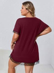 SHEIN Váy ngủ tay ngắn ren chấm bi gợi cảm cho nữ cỡ lớn - Màu Đỏ Sâu - Xem 2