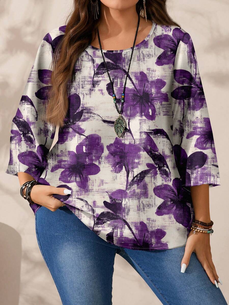Mellowie Plus Size Casual Minimalist Allover Print Round Neck 3/4 Sleeve Shirt, Suitable For Spring And Autumn Women Tops Blouses Tee Shirts Women Blouses Spring Blouses For Women Autumn And Winter Chic Blouses For Women - Multicolor - View 1