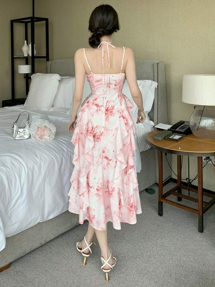 Women Summer Floral Ruffle Strap Mid-Length Dress Dress Cruise Outfit For Women Boho