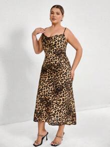 Aveloria Rosie Plus Size Leopard Print Backless Cami Dress, Sexy & Elegant Leopard Pattern For Casual,   For Summer Spring Fall Autumn