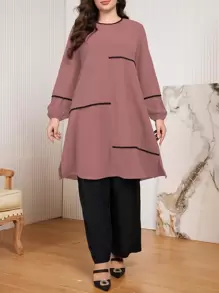 Mulvari 2pcs Elegant Crew Neck Pleat Contrast Color Plus Size Set 2 Pieces Set Fall Cloth For Women - Dusty Pink - View 4