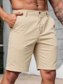 Manfinity Mode Men Zipper Fly Pocket Shorts Plain Casual Shorts, For Husband, Boyfriend Gifts - Khaki - View 1