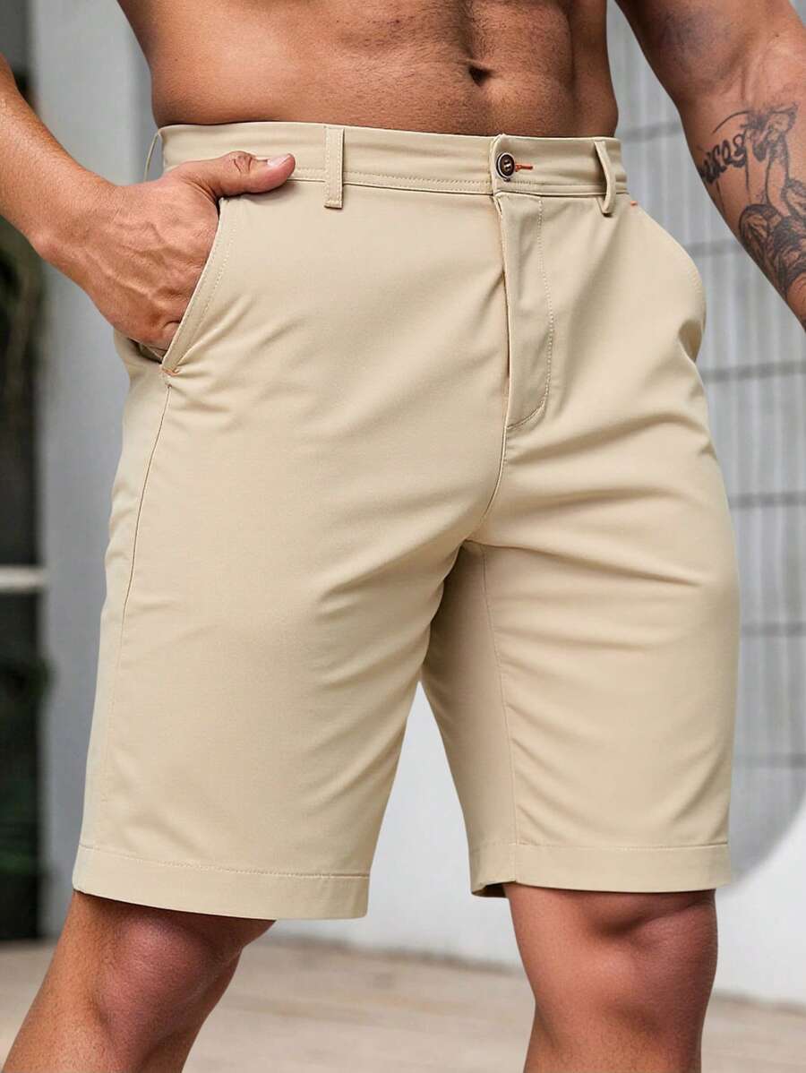 Manfinity Mode Men Zipper Fly Pocket Shorts Plain Casual Shorts, For Husband, Boyfriend Gifts - Khaki - View 1