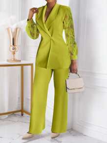 SHEIN Unity Set de 2 piezas de mujer: chaqueta y pantalones de traje con diseño de botones y adornos de encaje elegantes - verde menta - Ver 6
