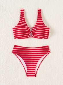Swim Vcay 女士夏季沙滩条纹环连性感比基尼两件套泳衣 - 紅白色 - 查看 8