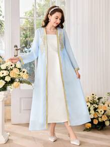 SHEIN 2 件优雅套装：淡蓝色缎面吊带裙和长网眼外层；度假休闲 2 件套装，适合婚礼季节、少女 - 淺藍色 - 查看 3