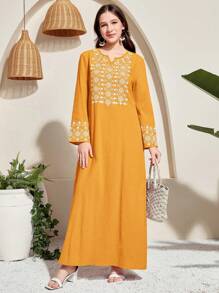 SHEIN Teen Girl Elegant Pattern Robe, Long Kaftan Style, Perfect For Vacation, Spring & Summer - Yellow - View 1