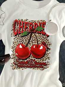 SHEIN Wildeya Camiseta de manga corta con estampado de leopardo y diseño de cereza para niña preadolescente
