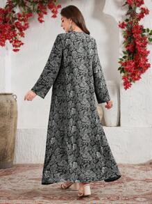 SHEIN Lacomfia Loose Arabic Style Dress With Traditional Print Patchwork And Pleated Crafts,Modest - Black - View 2