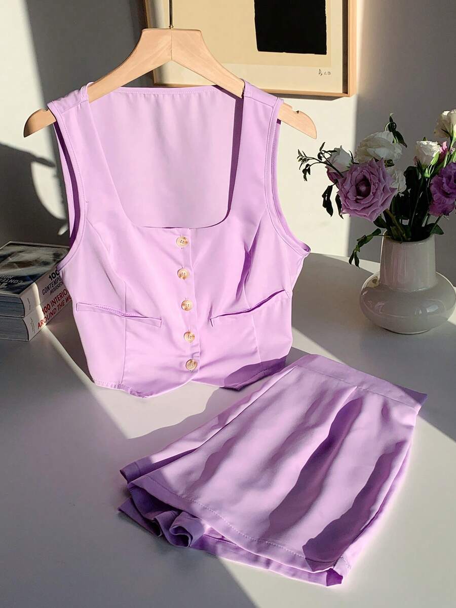 Comfortcana Conjunto de 2 piezas de top de tirantes con botones y shorts de color liso para mujer, ropa de verano - Morado - Ver 1
