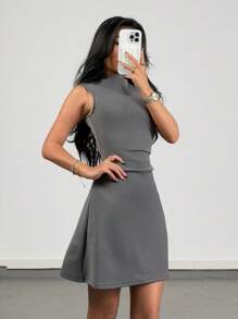 Coolane Kids Tween Girls Spring/Summer High Neck Cinched Waist A-Line Dress - Grey - View 4