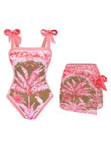 Swim Oasis 2 件套女士夏季针织图案粗肩带泳衣和图案前系带沙滩裙套装