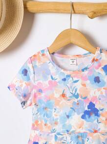 SHEIN 2 件套年轻女孩休闲彩虹心形图案短袖连衣裙，夏季 - 彩色 - 查看 4