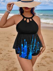 Swim Lushoire Plus Size Women 2pcs Localized Printed Adjustable Strap Top And Shorts Bikini Set For Summer Beach Vacation