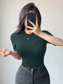DAZY Women's Summer Stand Collar Half Sleeve Slim Fit Wrap Front Sexy Casual All-Match T-Shirt Easter - Green - View 6