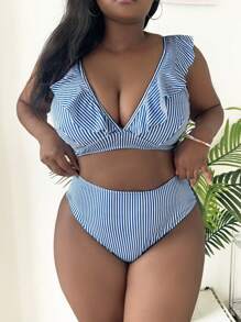 Slaydiva 2 pezzi Bikini a righe con scollo a V e volant per donne taglia curvy, costume da bagno alla moda per spiaggia e vacanza