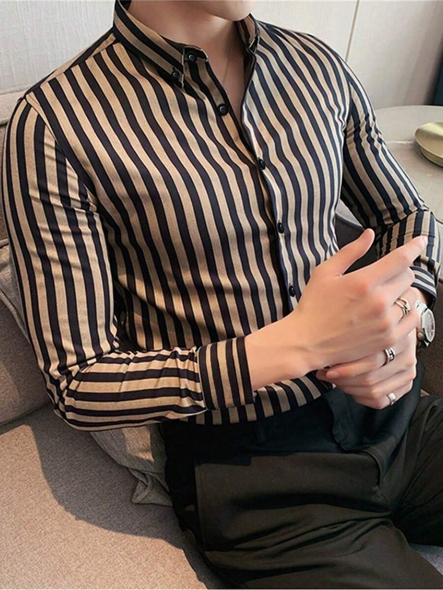 Manfinity Mode Men's Striped Long Sleeve Shirt, Fall - Khaki - View 1