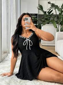 SHEIN Swim Curve 大码女式 2 件纯色系带前遮肚休闲度假海滩比基尼泳装套装