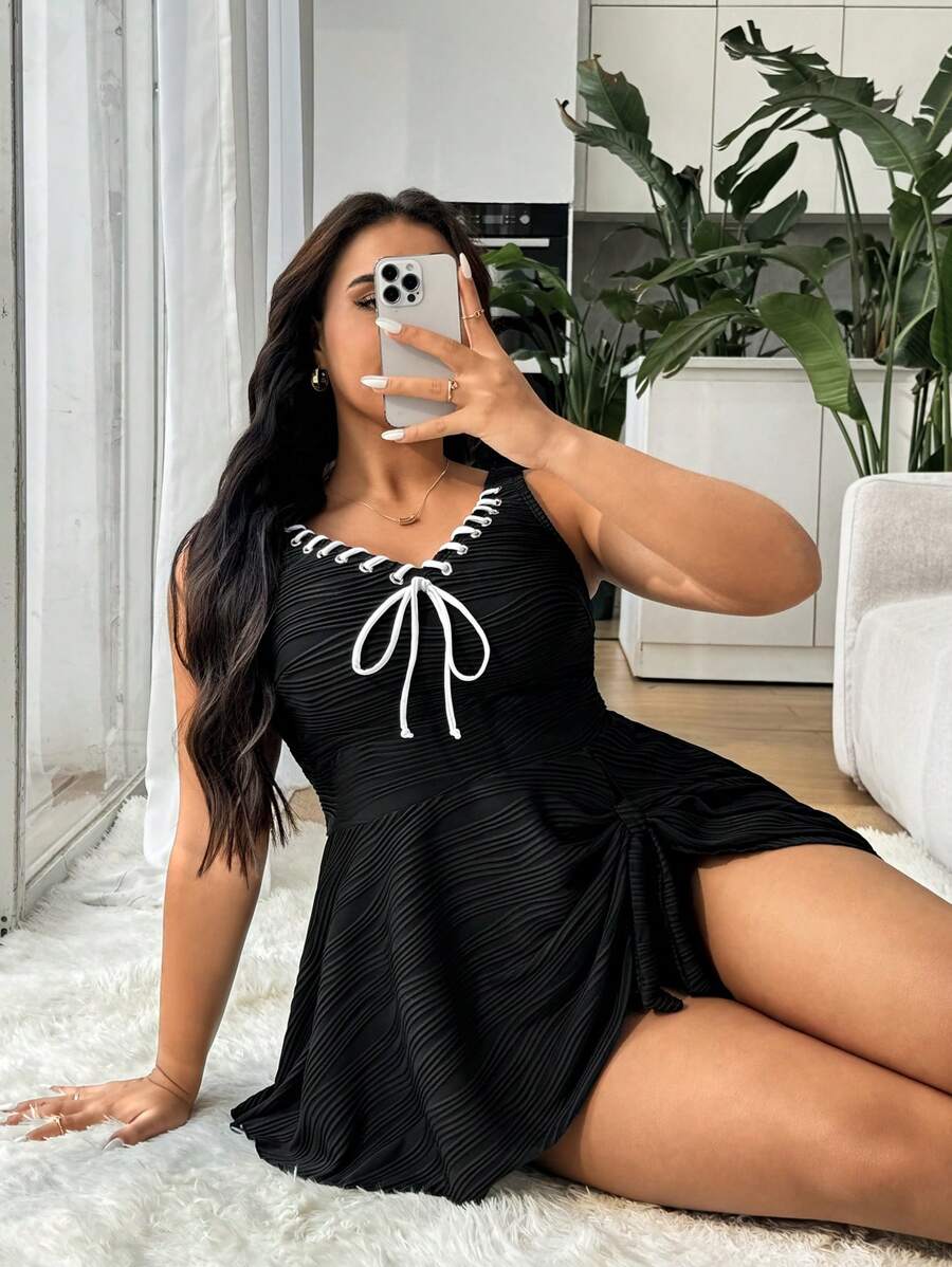 SHEIN Swim Curve 大码女式 2 件纯色系带前遮肚休闲度假海滩比基尼泳装套装