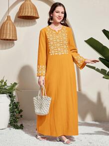 SHEIN Teen Girl Elegant Pattern Robe, Long Kaftan Style, Perfect For Vacation, Spring & Summer - Yellow - View 5