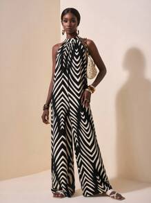 Slaydiva New Spring And Summer Casual Vacation Daily Commuting Halterneck Round Neck Sleeveless Ultra-Loose Wide-Leg Extra-Long Pants Navy Blue White Striped Women's Jumpsuit