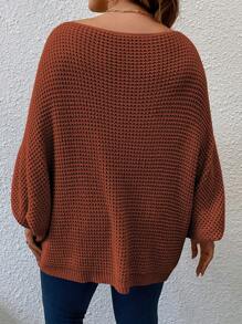 SHEIN LUNE Sweater Lengan Kelelawar Kasual Warna Polos Ukuran Besar untuk Wanita, Pullover Rajut Musim Dingin Musim Gugur - Redwood - View 2