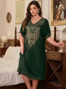 SHEIN 大码复古花卉印花睡袍 - 綠色 - 查看 4