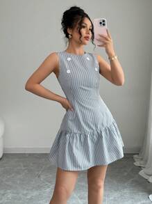 Elenzga Vestido casual de cuello de equipo sin mangas a rayas para mujeres