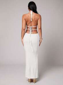 Silquee Cover Ups 白色钩针性感深 V 领镂空开衩春夏度假服中长款女式连衣裙 - 白色 - 查看 2