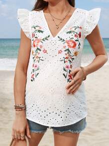SHEIN Blusa casual de cuello en V con bordado de ojal para embarazadas, ideal para vacaciones y playa