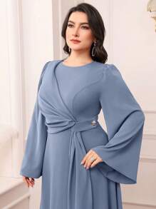 Modelyn Plus Size Solid Color Drawstring Dress, Simple Chic Casual For Daily Wear Long Evening Dresses - Blue - View 3